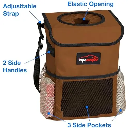 EPAuto Waterproof Car Trash Can with Lid and Storage Pockets, 2.5 Gallon Leakproof, Brown - 4