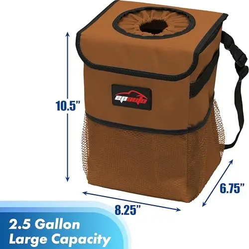EPAuto Waterproof Car Trash Can with Lid and Pockets, 2.5 Gal, Brown | Leakproof, Collapsible Multipurpose Car Bin with 3 Side Storage Pockets, Adjustable Straps - EPAUTO (1)