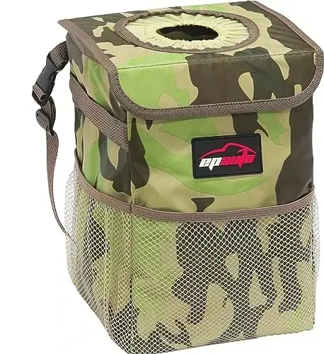 EPAuto Waterproof Car Trash Can with Lid and Storage Pockets, Camouflage Green - EPAUTO