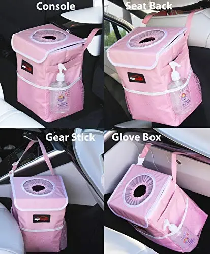 EPAuto Waterproof Car Trash Can with Lid and Storage Pockets, 2.5 Gallon Leakproof, Pink - 1