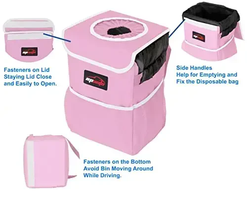 EPAuto Waterproof Car Trash Can with Lid and Storage Pockets, 2.5 Gallon Leakproof, Pink - EPAuto (1)