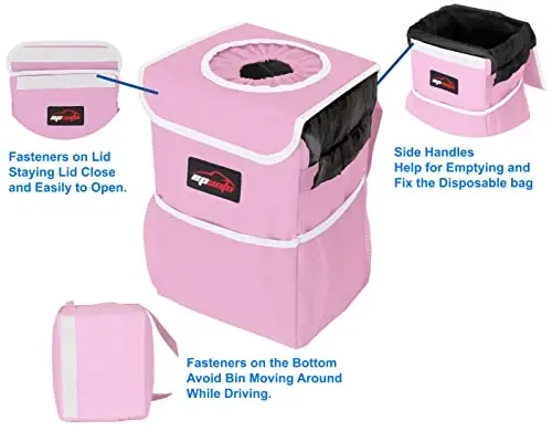 EPAuto Waterproof Car Trash Can with Lid and Storage Pockets, 2.5 Gallon Leakproof, Pink - 2