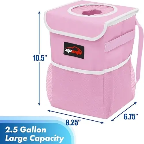 EPAuto Waterproof Car Trash Can with Lid and Storage Pockets, 2.5 Gallon Leakproof, Pink - 4