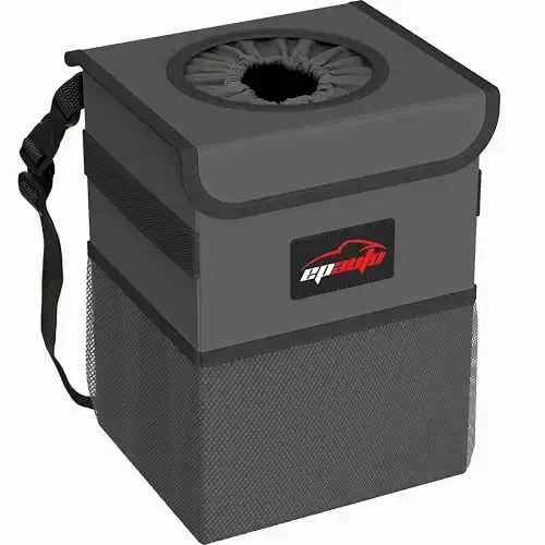 EPAuto Waterproof Car Trash Can with Lid and Storage Pockets, 2.5 Gallon Leakproof, Dark Gray - 1