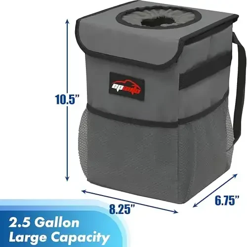 EPAuto Waterproof Car Trash Can with Lid and Storage Pockets, 2.5 Gallon Leakproof, Dark Gray - 2