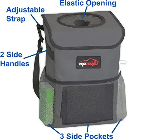 EPAuto Waterproof Car Trash Can with Lid and Storage Pockets, 2.5 Gallon Leakproof, Dark Gray - 4