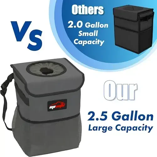 EPAuto Waterproof Car Trash Can with Lid and Storage Pockets, 2.5 Gallon Leakproof, Dark Gray - 7