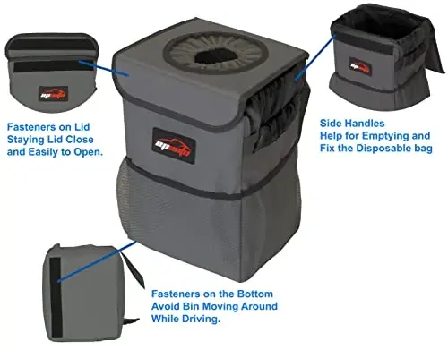EPAuto Waterproof Car Trash Can with Lid and Storage Pockets, 2.5 Gallon Leakproof, Dark Gray - 5