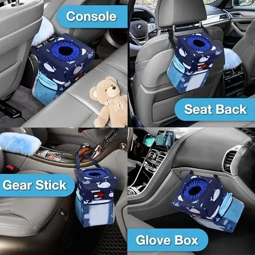EPAuto Waterproof Car Trash Can with Lid and Pockets, 1.8 Gal, Blue | Leakproof, Collapsible Multipurpose Car Bin with 3 Side Storage Pockets, Adjustable Straps - 3