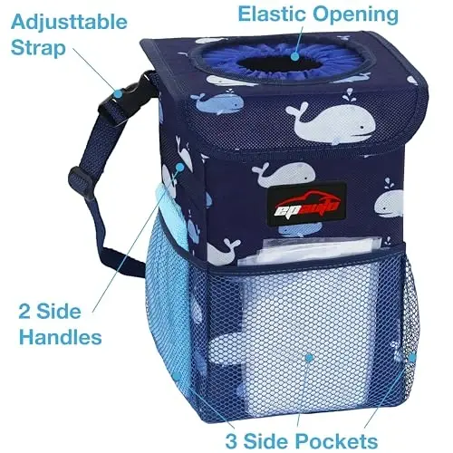 EPAuto Waterproof Car Trash Can with Lid and Pockets, 1.8 Gal, Blue | Leakproof, Collapsible Multipurpose Car Bin with 3 Side Storage Pockets, Adjustable Straps - 4