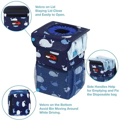 EPAuto Waterproof Car Trash Can with Lid and Pockets, 1.8 Gal, Blue | Leakproof, Collapsible Multipurpose Car Bin with 3 Side Storage Pockets, Adjustable Straps - 5