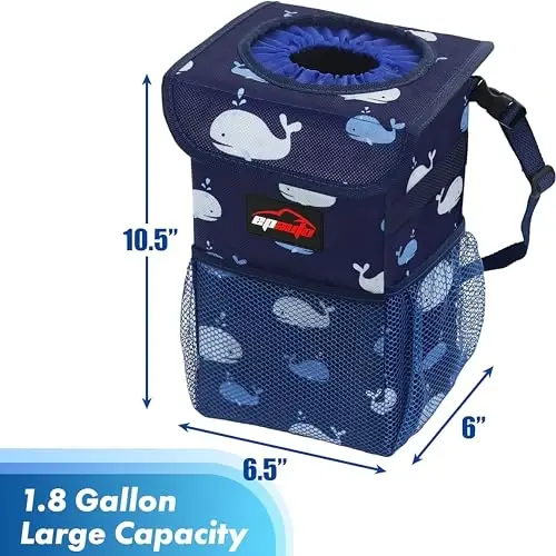 EPAuto Waterproof Car Trash Can with Lid and Storage Pockets, 1.8 Gallon, Blue - 2