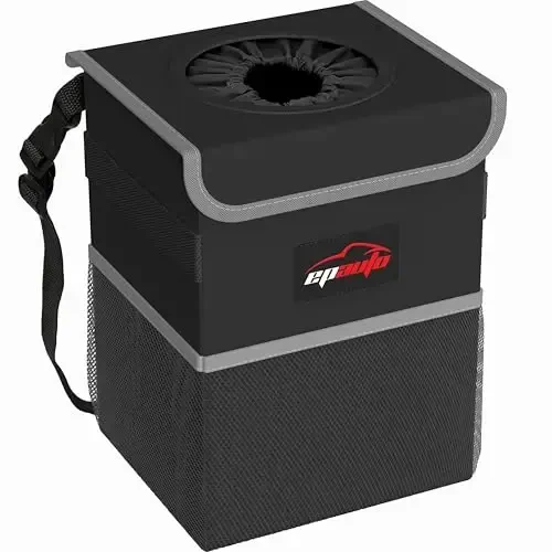 EPAuto Waterproof Car Trash Can with Lid and Storage Pockets, 2.5 Gallon, Black - EPAUTO