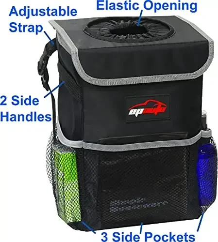 EPAuto Waterproof Car Trash Can with Lid and Storage Pockets, 2.5 Gallon, Black - 4
