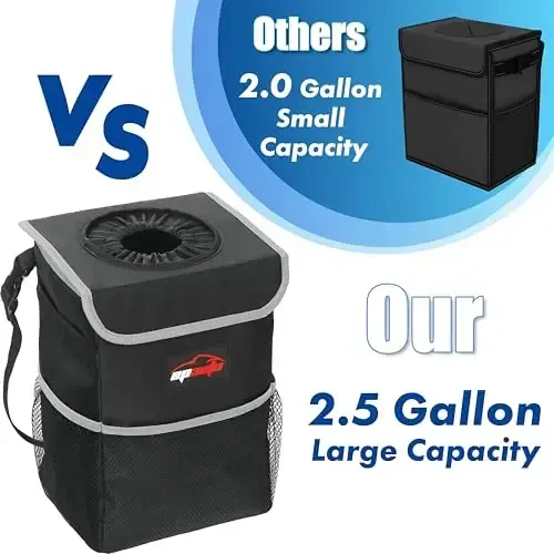 EPAuto Waterproof Car Trash Can with Lid and Storage Pockets, 2.5 Gallon, Black - 7