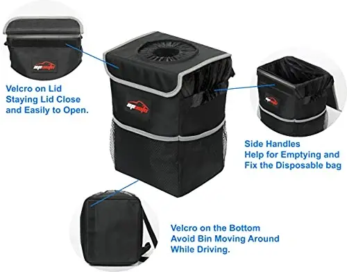 EPAuto Waterproof Car Trash Can with Lid and Storage Pockets, 2.5 Gallon, Black - 5