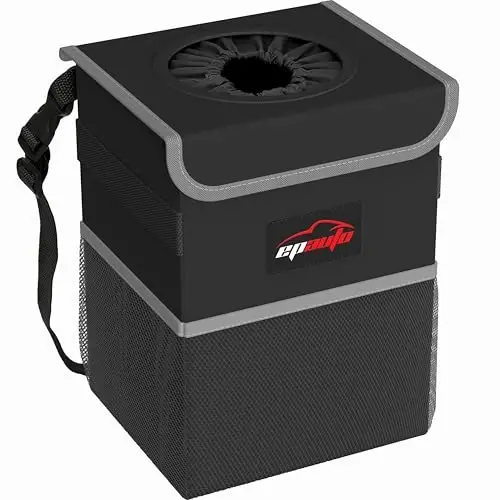 EPAuto Waterproof Car Trash Can with Lid and Storage Pockets, 2.5 Gallon, Black - 1