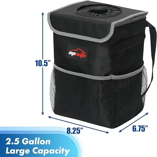 EPAuto Waterproof Car Trash Can with Lid and Storage Pockets, 2.5 Gallon, Black - 2