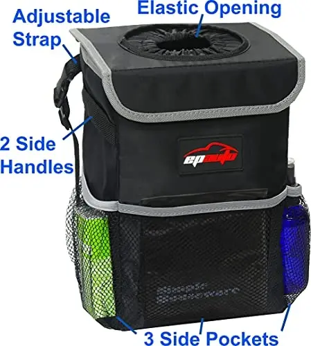 EPAuto Waterproof Car Trash Can with Lid and Storage Pockets, 2.5 Gallon, Black - 4