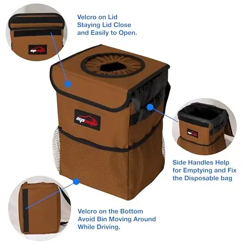 EPAuto Waterproof Car Trash Can with Lid and Storage Pockets, 2.5 Gallon, Black - 5