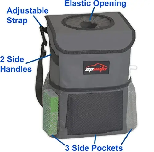EPAuto Waterproof Car Trash Can with Lid and Storage Pockets, 2.5 Gallon Leakproof, Dark Gray - 4