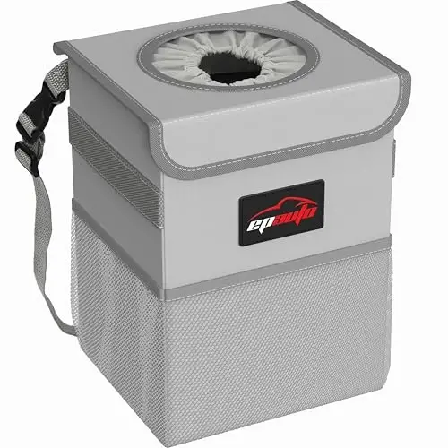 EPAuto Waterproof Car Trash Can with Lid and Storage Pockets, 2.5 Gallon Leakproof, Gray - EPAUTO