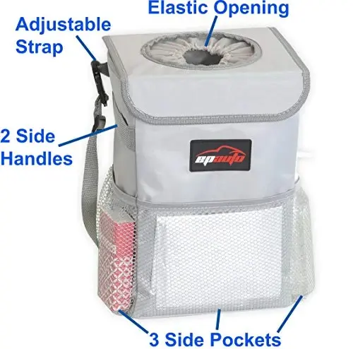 EPAuto Waterproof Car Trash Can with Lid and Storage Pockets, 2.5 Gallon Leakproof, Gray - 4
