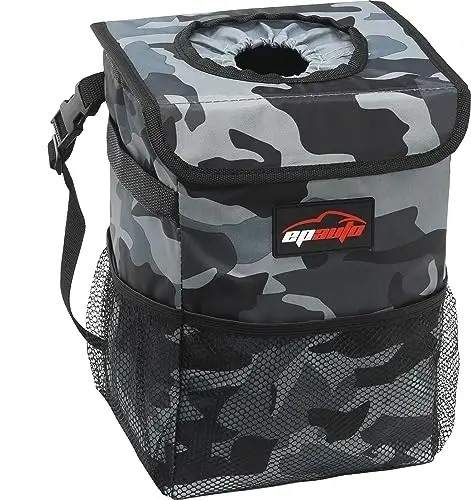 EPAuto Waterproof Car Trash Can with Lid and Storage Pockets, Camouflage Grey - 1