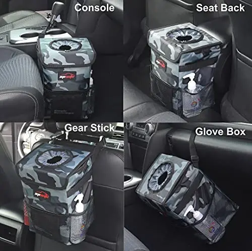 EPAuto Waterproof Car Trash Can with Lid and Storage Pockets, Camouflage Grey - 3