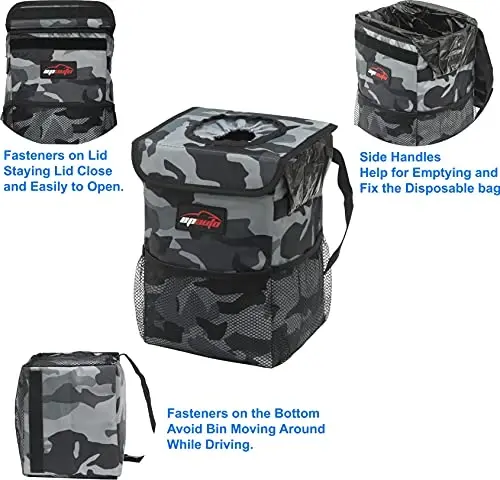 EPAuto Waterproof Car Trash Can with Lid and Storage Pockets, Camouflage Grey - 5