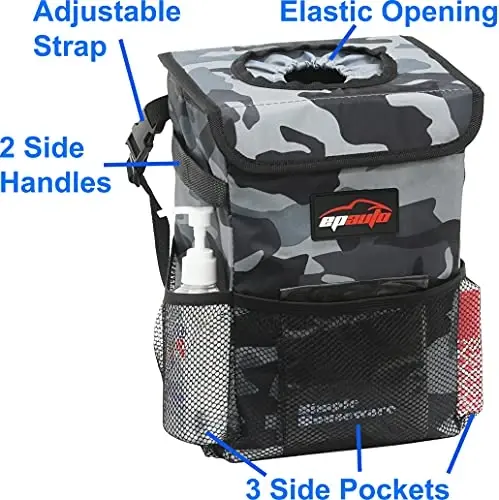 EPAuto Waterproof Car Trash Can with Lid and Storage Pockets, Camouflage Grey - 4