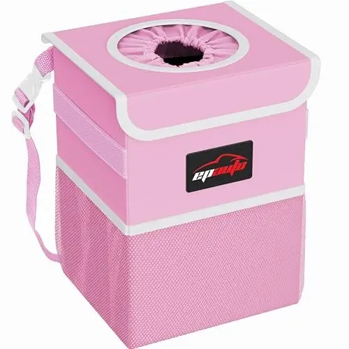 EPAuto Waterproof Car Trash Can with Lid and Storage Pockets, Pink - 5