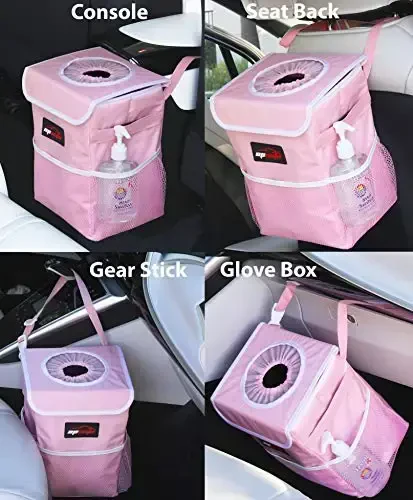 EPAuto Waterproof Car Trash Can with Lid and Storage Pockets, Pink - 1