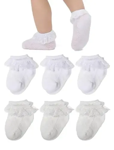 EPEIUS Baby Girl Ruffle Socks, Eyelet Frilly Lace Socks for Newborn Infant | Cute soft cotton baby lace socks. Stay up breathable frilly ankle socks for baptism, shower gifts, party dress, ages 0-5T 