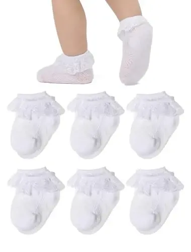 EPEIUS Baby Girl Ruffle Socks, Eyelet Frilly Lace Socks for Newborn Infant | Cute soft cotton baby lace socks. Stay up breathable frilly ankle socks for baptism, shower gifts, party dress, ages 0-5T - 1