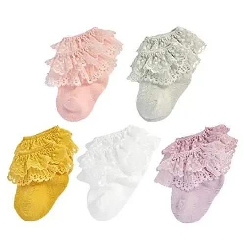 EPEIUS Baby-Girls Eyelet Frilly Lace Socks,Newborn/Infant/Toddler/Little Girls (Pack of 2/3/4/6) - 1