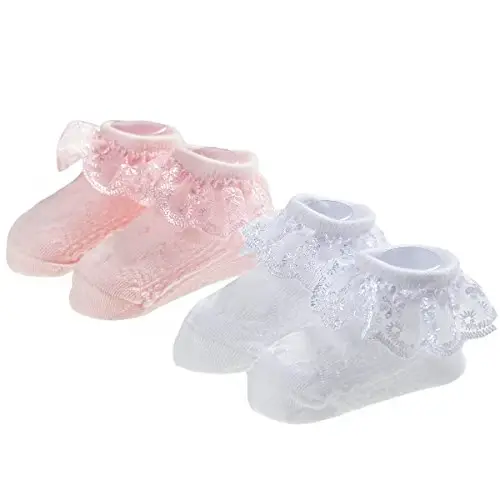 EPEIUS Baby-Girls Eyelet Frilly Lace Socks,Newborn/Infant/Toddler/Little Girls (Pack of 2/3/4/6) - 1
