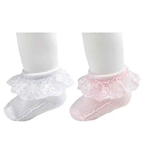 EPEIUS Baby-Girls Eyelet Frilly Lace Socks,Newborn/Infant/Toddler/Little Girls (Pack of 2/3/4/6) - 2