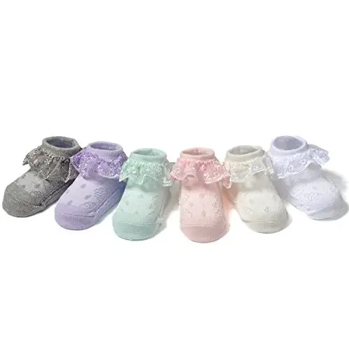 EPEIUS Baby-Girls Eyelet Frilly Lace Socks,Newborn/Infant/Toddler/Little Girls (Pack of 2/3/4/6) - 6