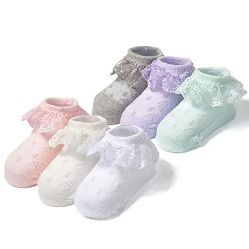 EPEIUS Baby-Girls Eyelet Frilly Lace Socks,Newborn/Infant/Toddler/Little Girls (Pack of 2/3/4/6) - 7