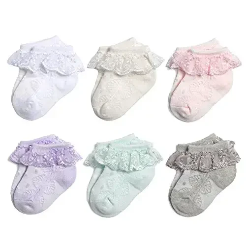 EPEIUS Baby-Girls Eyelet Frilly Lace Socks,Newborn/Infant/Toddler/Little Girls (Pack of 2/3/4/6) - 1