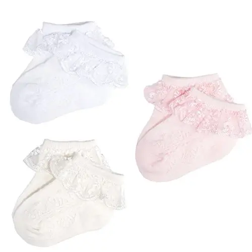 EPEIUS Baby-Girls Eyelet Frilly Lace Socks,Newborn/Infant/Toddler/Little Girls (Pack of 2/3/4/6) - 1