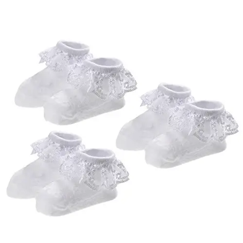 EPEIUS Baby Girl Ruffle Socks, Eyelet Frilly Lace Socks for Newborn Infant | Cute soft cotton baby lace socks. Stay up breathable frilly ankle socks for baptism, shower gifts, party dress, ages 0-5T 