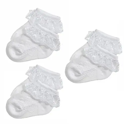 EPEIUS Baby Girl Ruffle Socks, Eyelet Frilly Lace Socks for Newborn Infant | Cute soft cotton baby lace socks. Stay up breathable frilly ankle socks for baptism, shower gifts, party dress, ages 0-5T - 7
