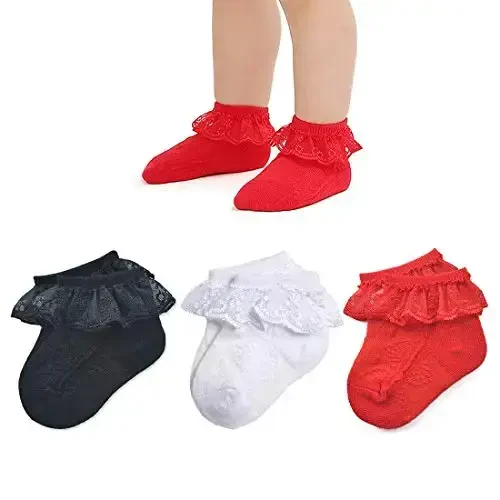 EPEIUS Baby-Girls Eyelet Frilly Lace Socks,Newborn/Infant/Toddler/Little Girls (Pack of 2/3/4/6) - 1