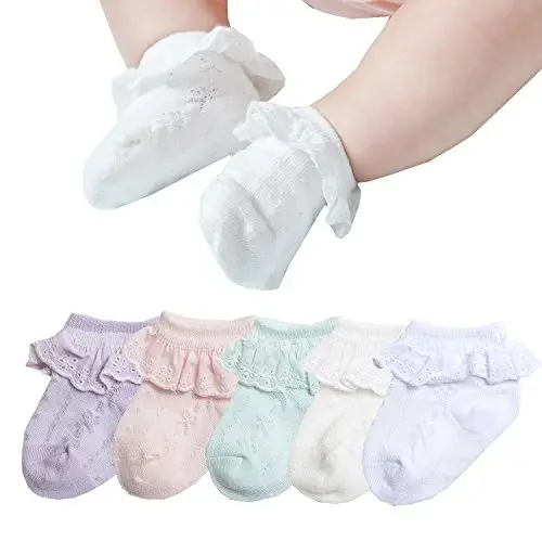 EPEIUS Baby Girl Ruffle Socks, Eyelet Frilly Lace Socks for Newborn Infant | Cute soft cotton baby lace socks. Stay up breathable frilly ankle socks for baptism, shower gifts, party dress, ages 0-5T 