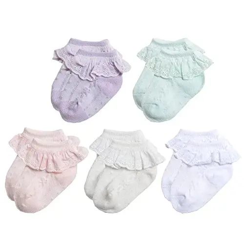 EPEIUS Baby Girl Ruffle Socks, Eyelet Frilly Lace Socks for Newborn Infant | Cute soft cotton baby lace socks. Stay up breathable frilly ankle socks for baptism, shower gifts, party dress, ages 0-5T - 2