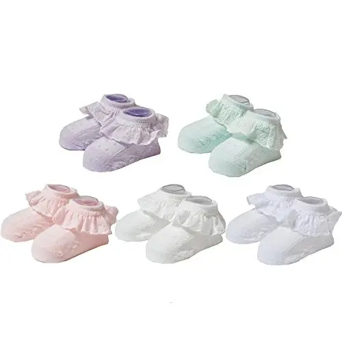 EPEIUS Baby Girl Ruffle Socks, Eyelet Frilly Lace Socks for Newborn Infant | Cute soft cotton baby lace socks. Stay up breathable frilly ankle socks for baptism, shower gifts, party dress, ages 0-5T - 5
