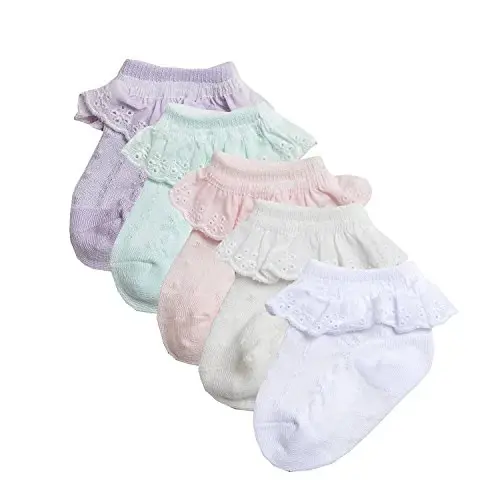 EPEIUS Baby Girl Ruffle Socks, Eyelet Frilly Lace Socks for Newborn Infant | Cute soft cotton baby lace socks. Stay up breathable frilly ankle socks for baptism, shower gifts, party dress, ages 0-5T - 6