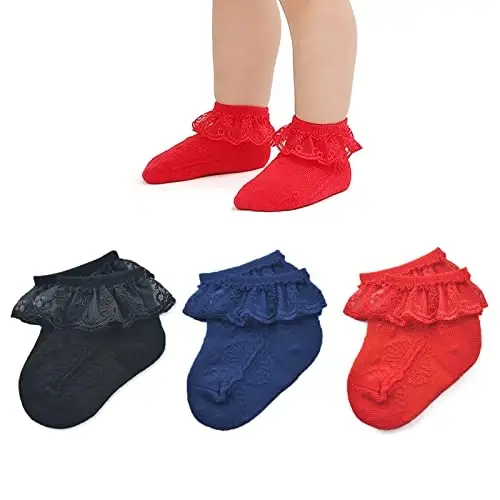 EPEIUS Baby Girl Ruffle Socks, Eyelet Frilly Lace Socks for Newborn Infant | Cute soft cotton baby lace socks. Stay up breathable frilly ankle socks for baptism, shower gifts, party dress, ages 0-5T - 1